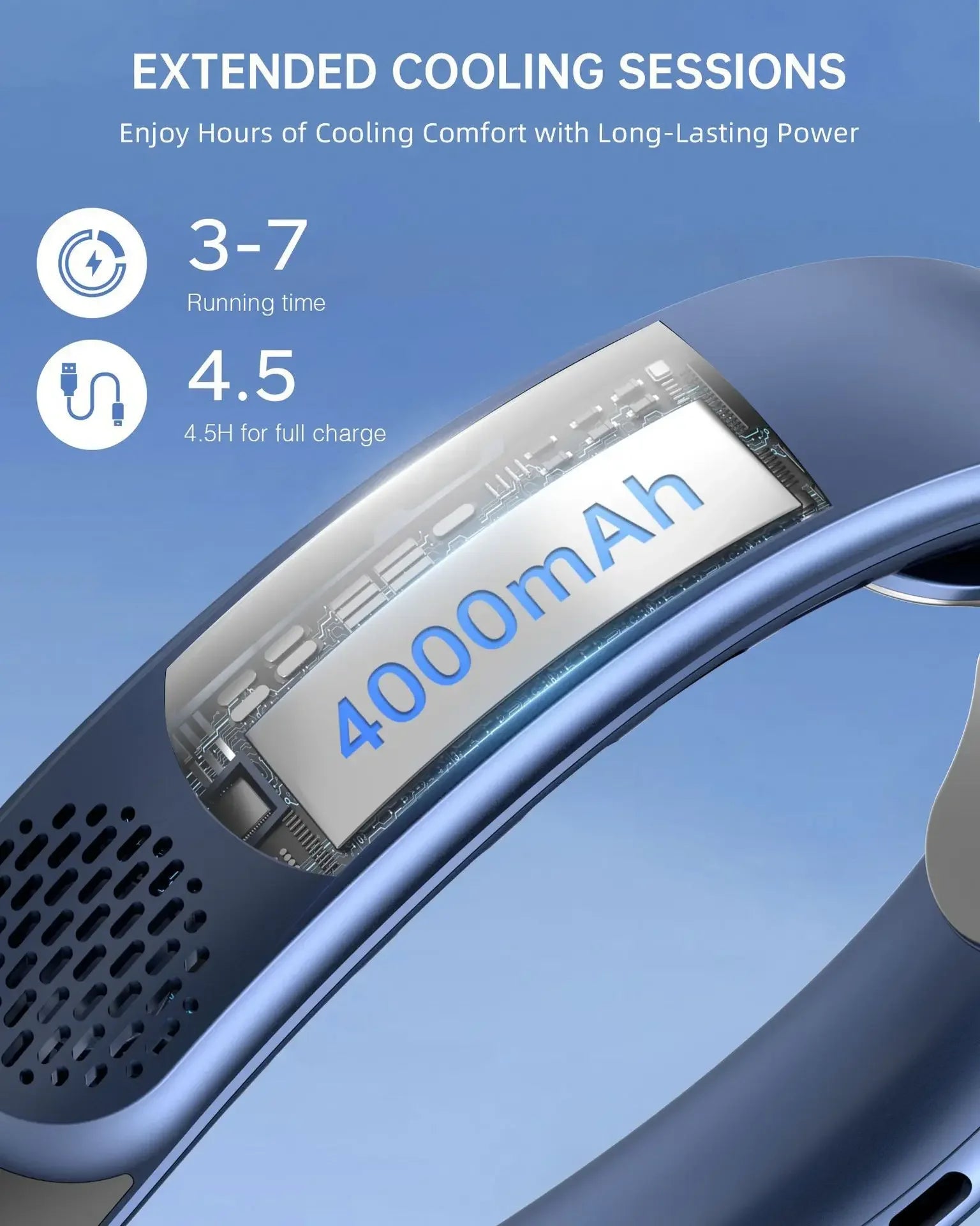 4000mAh Leafless Portable Neck Fan 3 Gears Adjustable Super Strong Wind Fast Cooling Multi-Function Digital Display Neck Fan